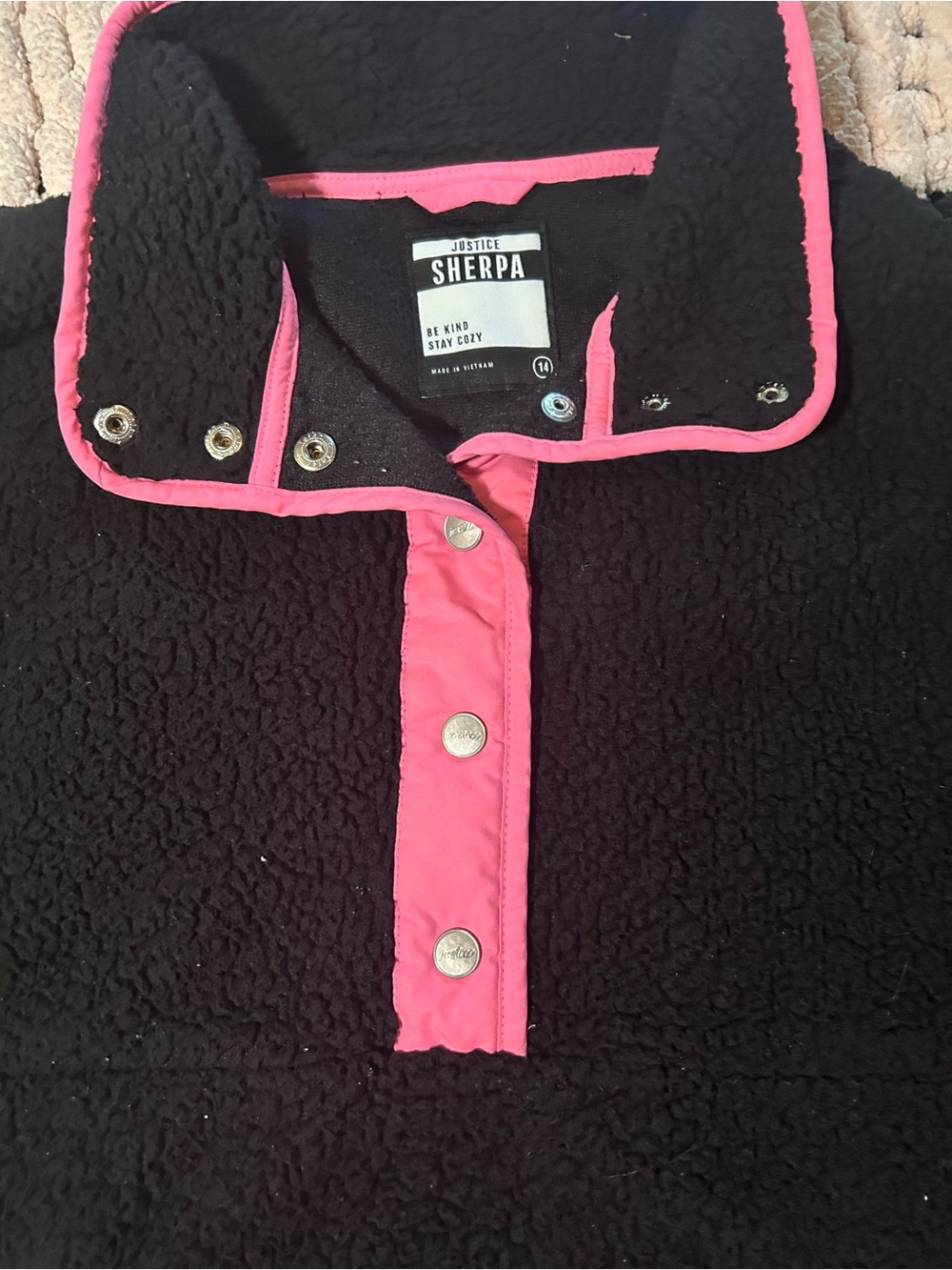 Justice Girls Size 14 Black Neon Pink Sherpa Fleece Snap Pullover Pocket